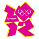 London 2012 Olympics logo featuring fuchsia pink jagged graffiti-style block-colour numbers , 20 stacked on top of 12. They're outlined in bright yellow. Inside the first 2 is the word London in white text and in the 0 is the Olympic rings in white.